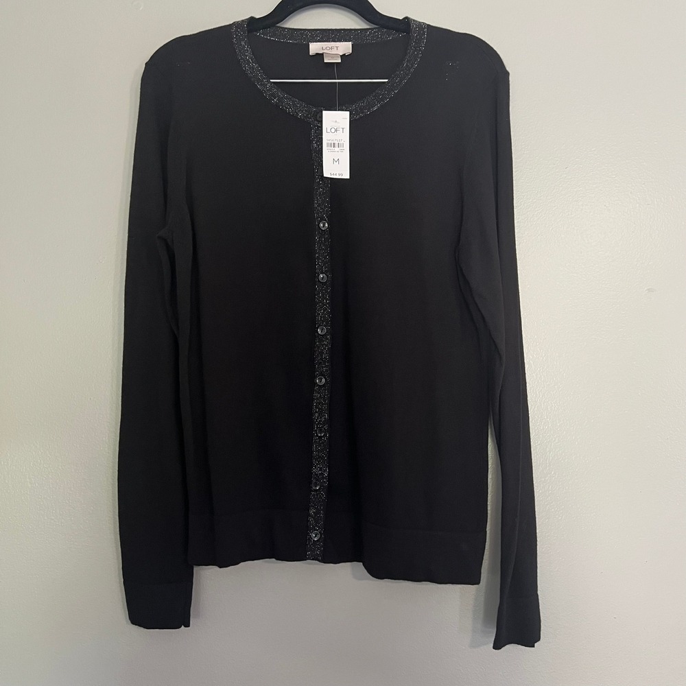 LOFT Black Cotton Cardigan Sweater Metallic Shimmer Trim Button Front Medium NWT